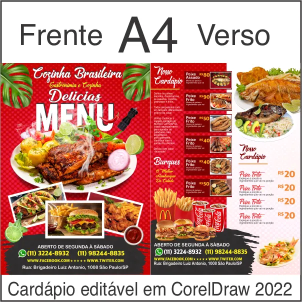 Lindo Cardápio Frente e Verso de Restaurante tamanho A4 em Corel Draw Profissional 2022.