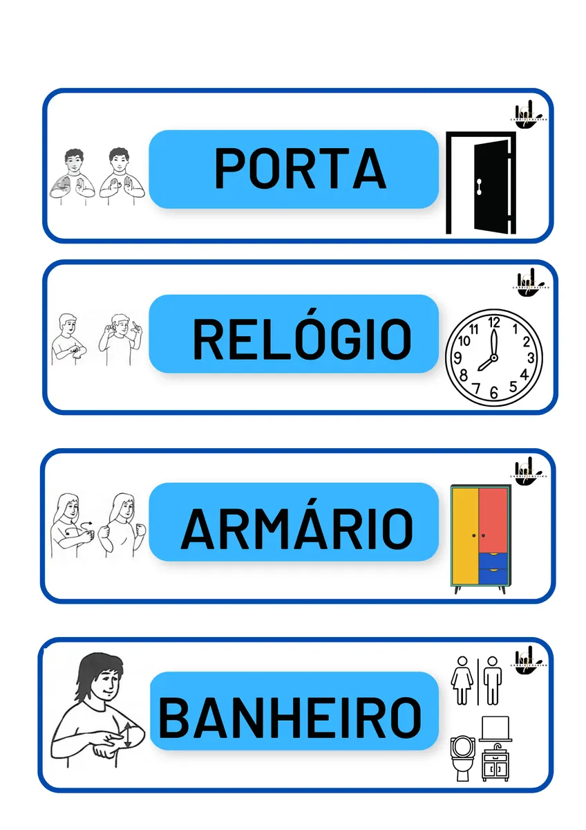 Etiquetas em LIBRAS para nomear as partes da casa e sala de aula