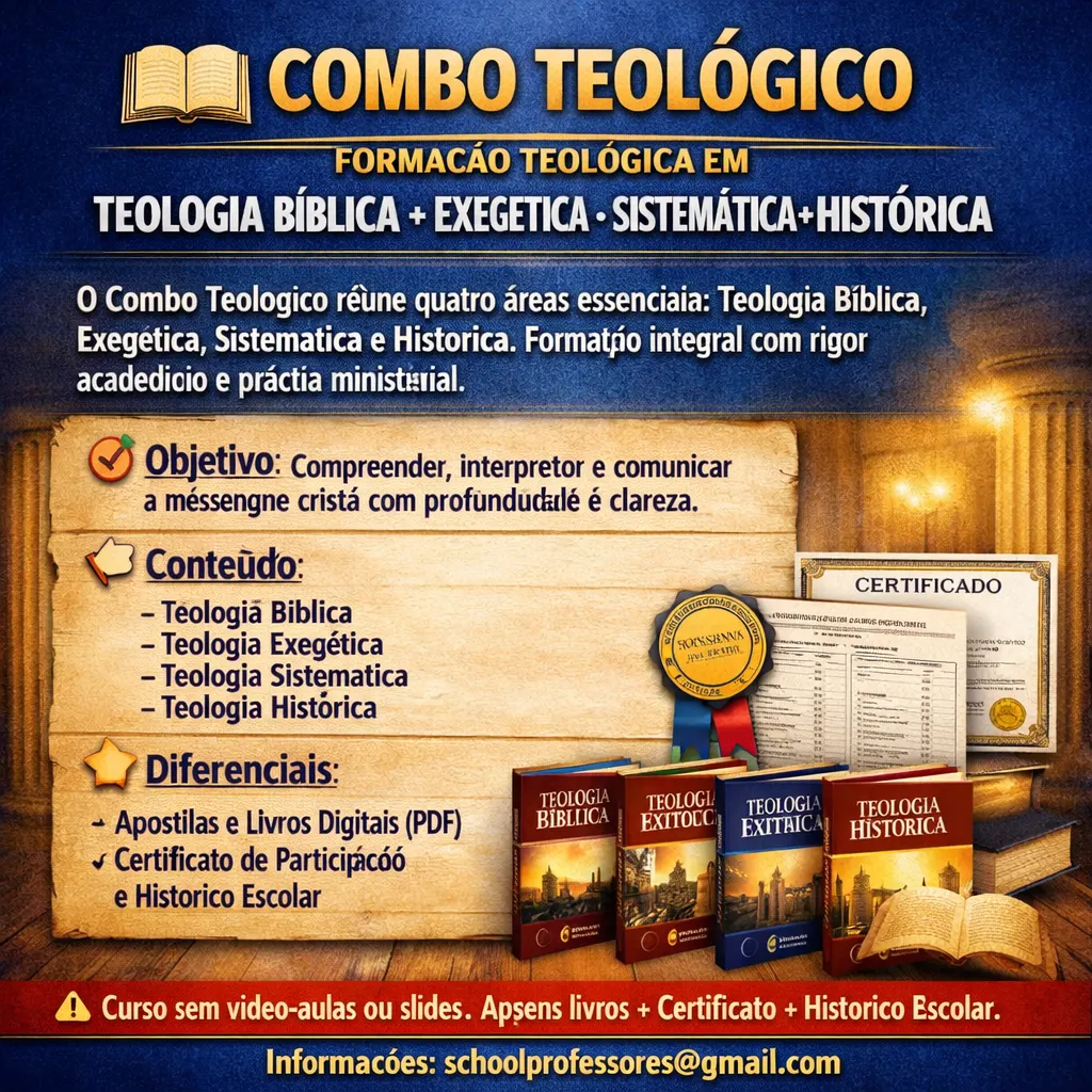 COMBO TEOLÓGICO FORMAÇÃO TEOLOGICA EM TEOLOGIA BÍBLICA+ EXEGETICA+SISTEMÁTICA+HISTÓRICA
