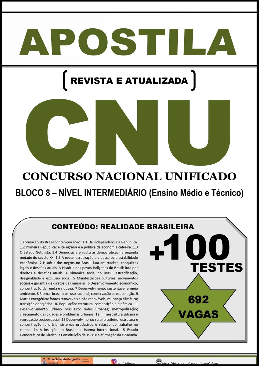 Apostila do Concurso Nacional Unificado (CNU) 2024 + 100 QUESTÕES - Bloco 8 - Realidade Brasileira
