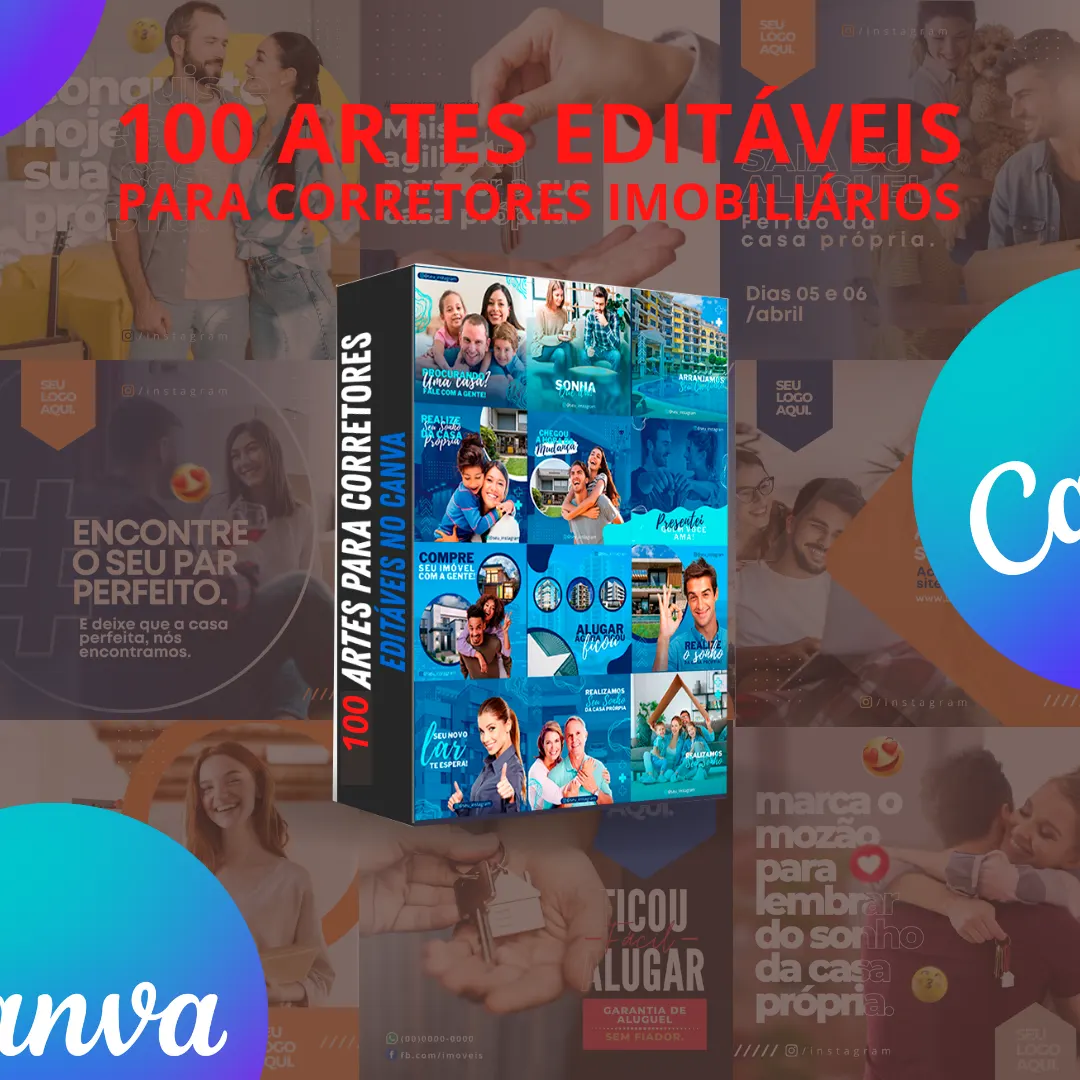 Pack com 100 artes para corretores de imóveis editáveis no Canva