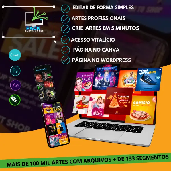 100 Mil Artes - Pack Canva + Páginas Canva e Wordpress +Pack para Artistas