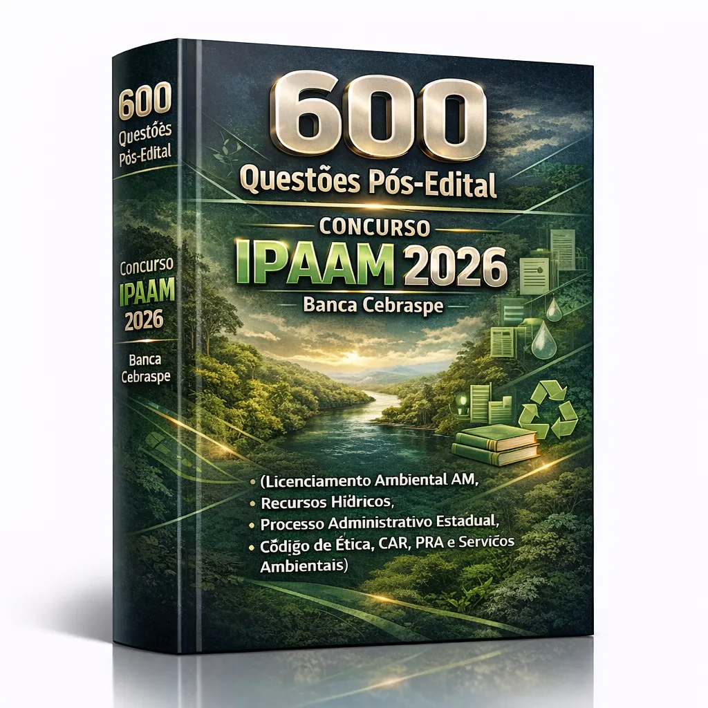 600 Questões Pós-Edital – Concurso IPAAM 2026 – Banca Cebraspe – (Licenciamento Ambiental AM, Recursos Hídricos, Processo Administrativo Estadual, Código de Ética, CAR, PRA e Serviços Ambientais)