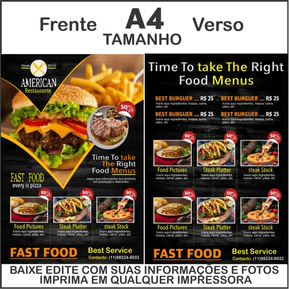Lindo Cardápio Frente Verso de Restaurante tamanho A4 em Corel Draw Profissional 2022