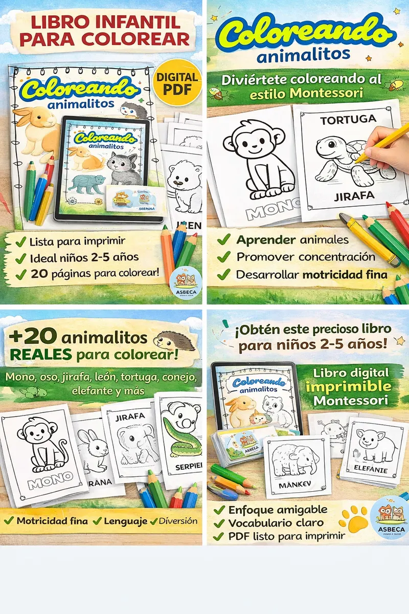 Libro para colorear / 25 hojas para colorear / Coloreando animalitos 1/ Motricidad / Montessori / PDF Digital Imprimible/toddler