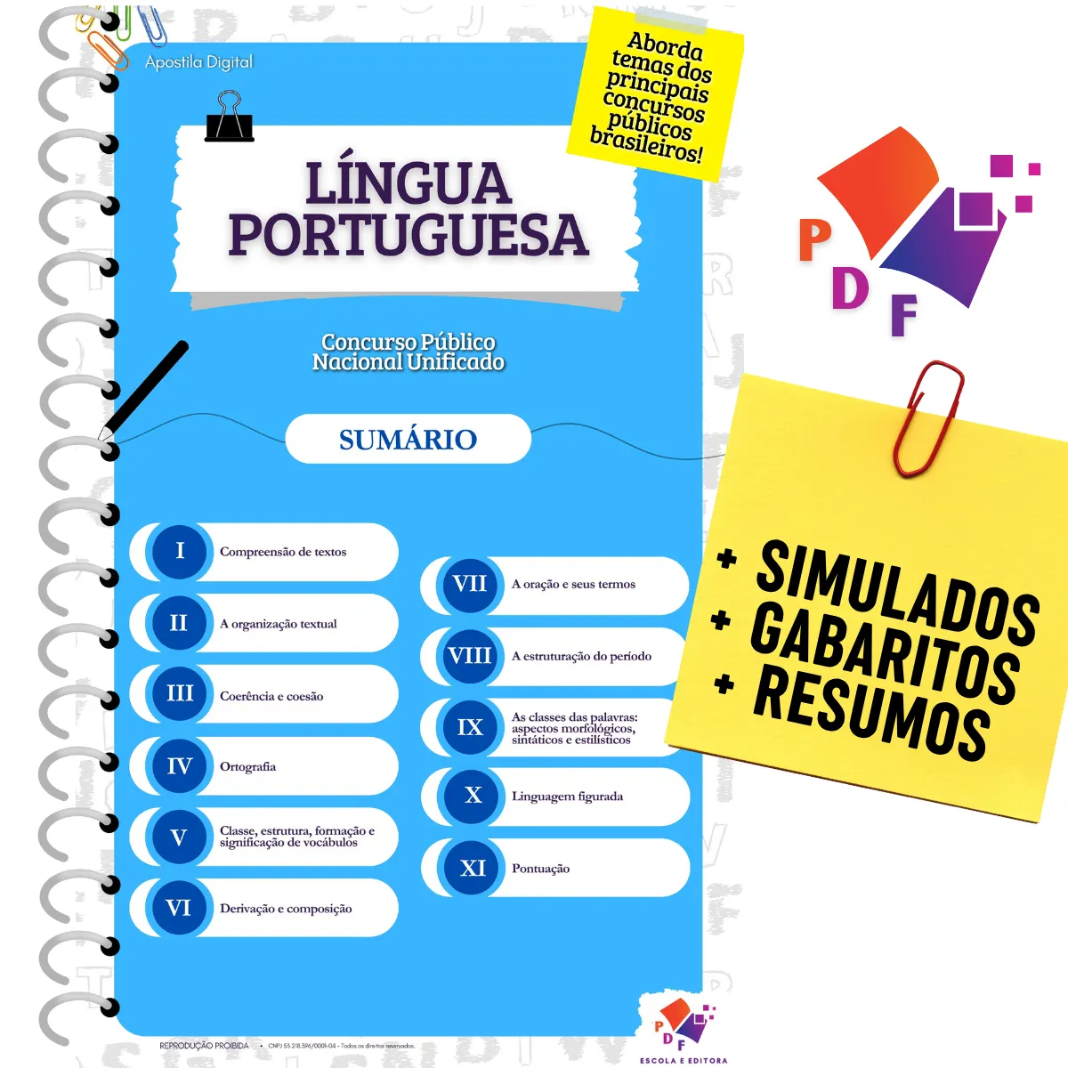 Apostila - Língua Portuguesa (Português) para Concursos Públicos - Material de Estudo Completo - Com Questões, Simulados, Gabaritos e Resumos