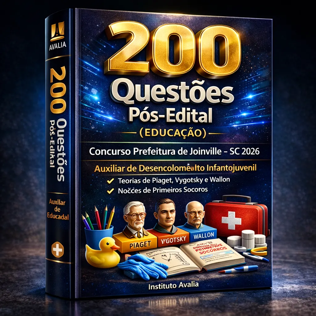 200 Questões Pós-Edital (EDUCAÇÃO) – Concurso Prefeitura de Joinville – SC 2026 – Instituto Avalia – ( Auxiliar de Desenvolvimento Infantojuvenil: Teorias de Piaget, Vygotsky e Wallon • Noções de Prim