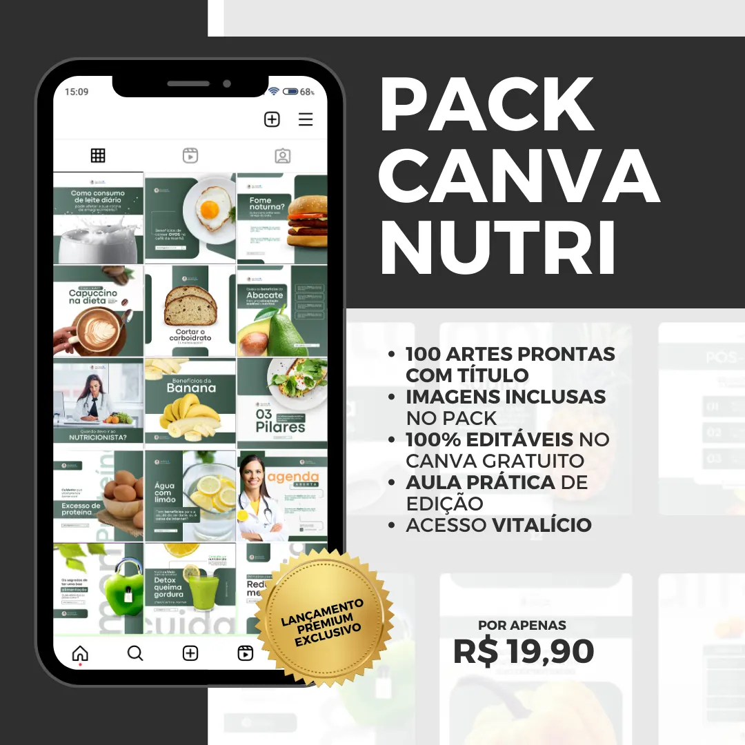 PACK CANVA NUTRICIONISTA | 100 ARTES PRONTAS E EDITÁVEIS + BÔNUS
