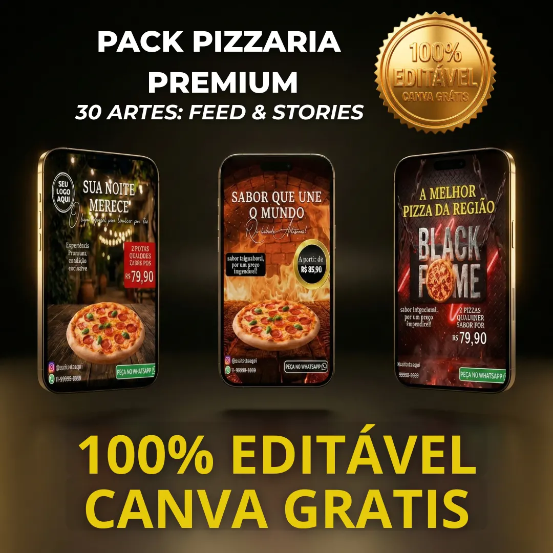 Pack Pizzaria Premium – 30 Artes Profissionais para Feed e Stories do Instagram (Canva Grátis)