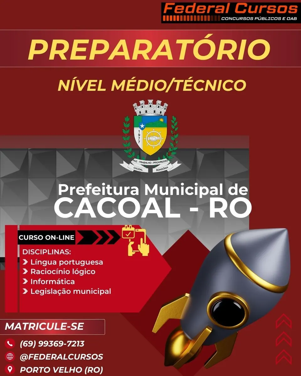 Curso online Prefeitura de Cacoal – RO - Nível médio / técnico.
