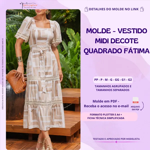 Molde Vestido Midi Decote Quadrado Fátima
