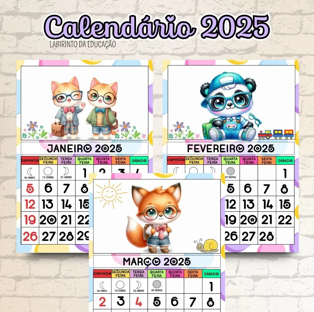 CALENDÁRIO 2025 TEMA ANIMAIS FOFOS (ESCOLARES)