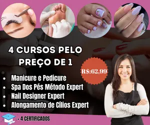 🏆 Combo Elite para Manicure e Nail Designer: (manicure e pedicure expert) + Escola Nail Designer Expert  + Alongamento de Cílios - Método Expert + Spa Dos Pés Método Expert  + 4 apostilas + 4 certifi