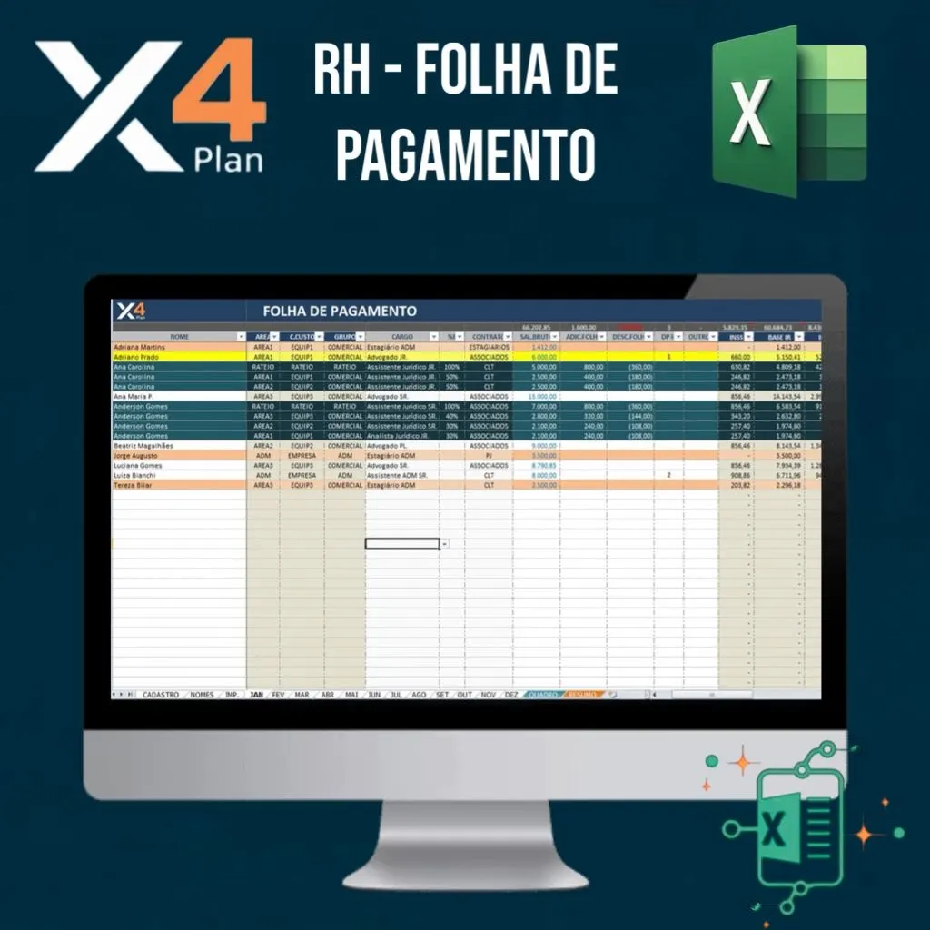X4Plan - Planilha Profissional Folha de Pgamanto Excel Download. Relatórios Automáticos. Planilha Empresarial Gestão de RH Excel