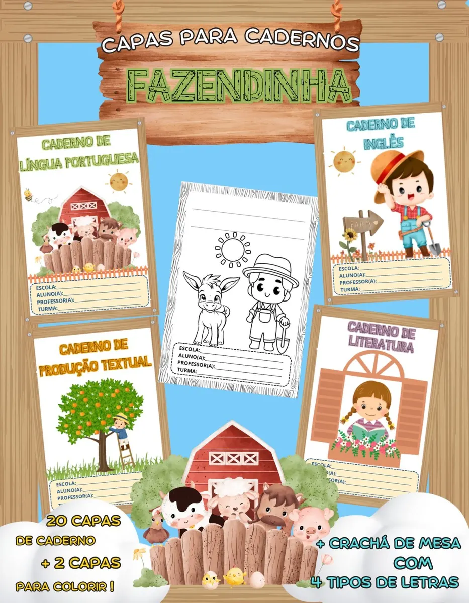 Capas de Caderno Fazendinha + Crachá de Mesa