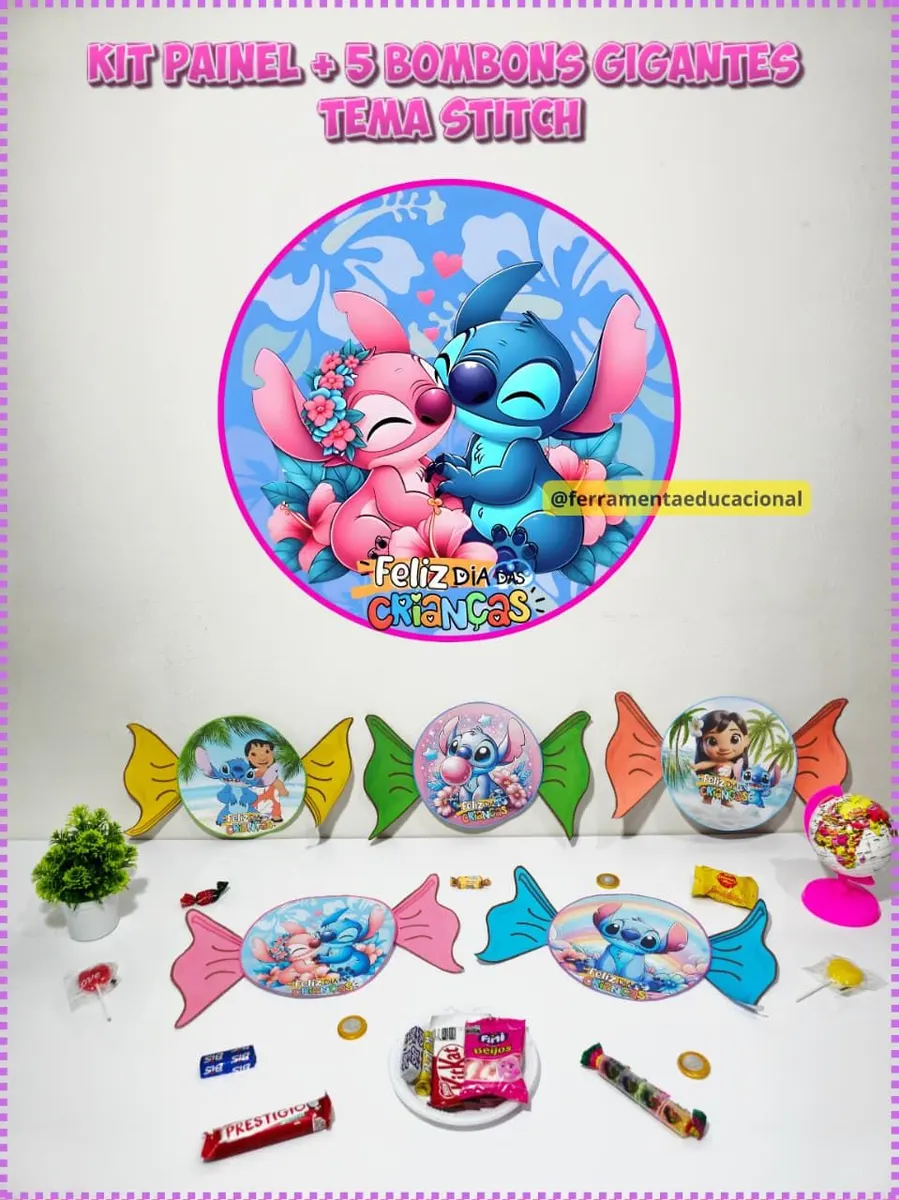 ✨❤️ KIT PAINEL + 5 BOMBONS GIGANTES NO PRATO DESCARTÁVEL – TEMA STITCH😍 ✨
