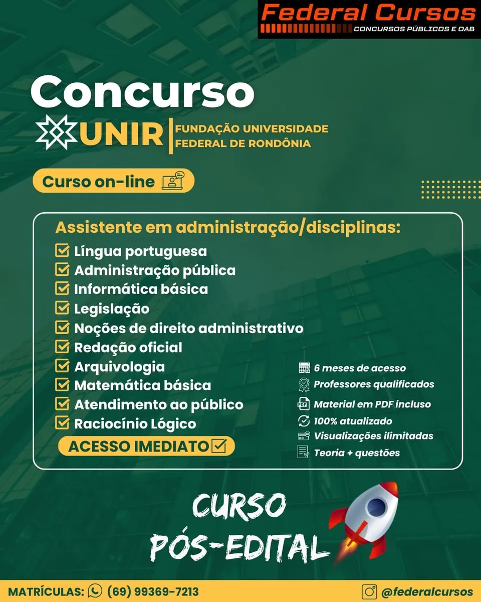 Curso on-line UNIR: Assistente em Administração e técnicos. (Nível médio)