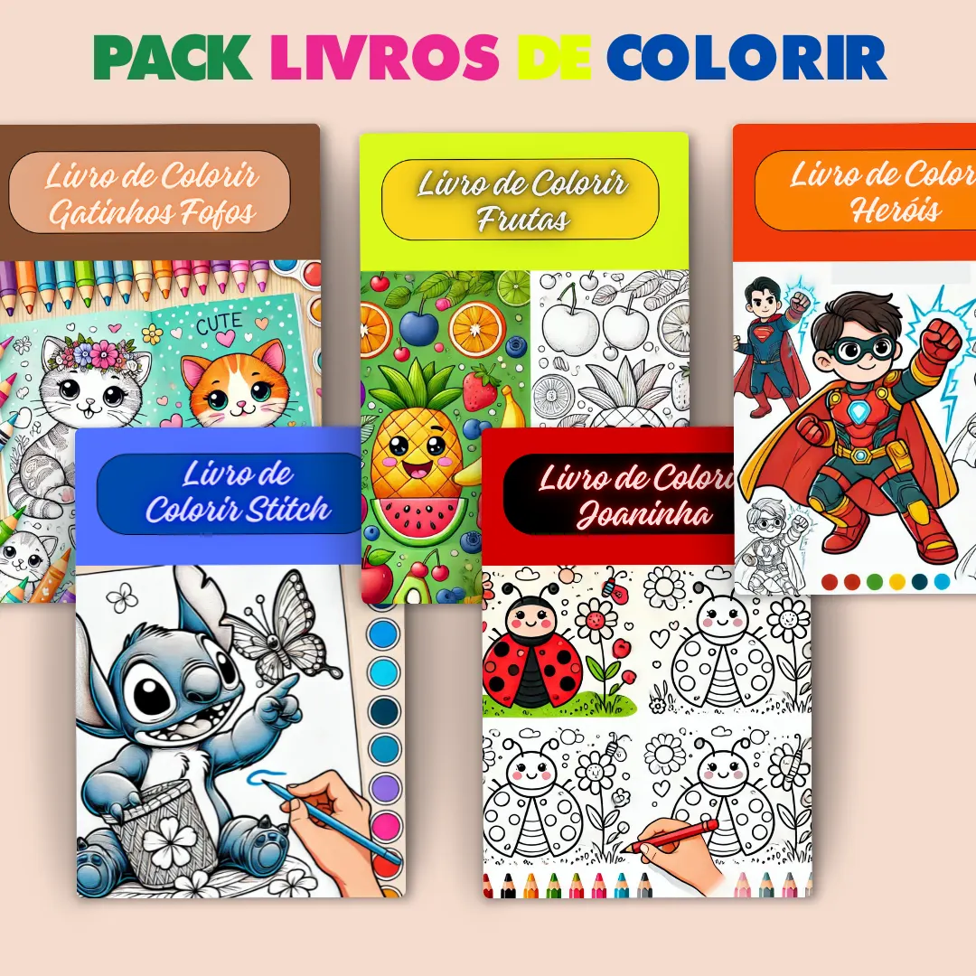 Combo 20 Livros para Colorir Infantil – Princesas, Dinossauros, Animais, Desenhos, Frutas e Muito Mais | Kit Educativo Criativo