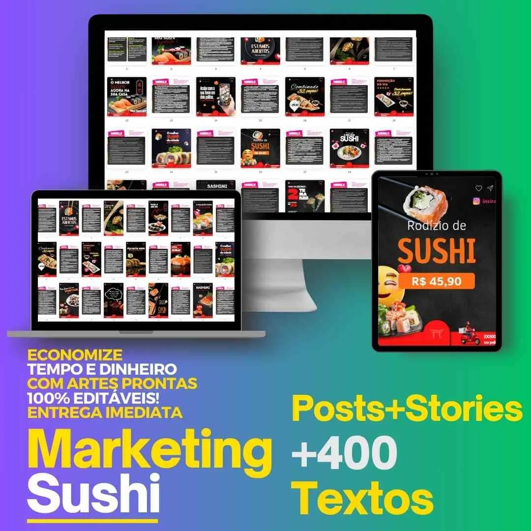 Pacote de Artes Premium para Restaurantes de Sushi: +40 Posts e Stories Editáveis com +400 Textos Prontos